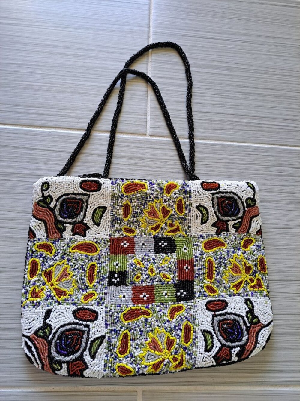 Vintage Fully Beaded Multi-Color Shoulder Bag Purse Floral Geometric Multicolor - Picture 5 of 11